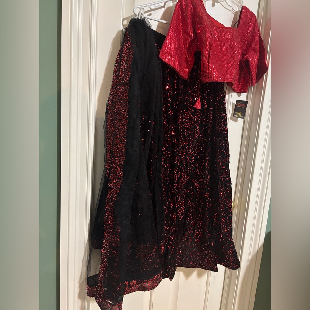 India Boutique Red and Black Sequin Lehenga 3 piece set fully stitched